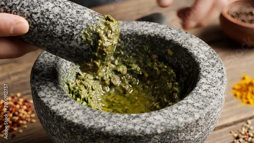 Grinding Fresh Herbs and Spices in a Stone Mortar and Pestle.