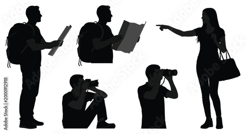 Group of tourists with map and binoculars black silhouette high quality