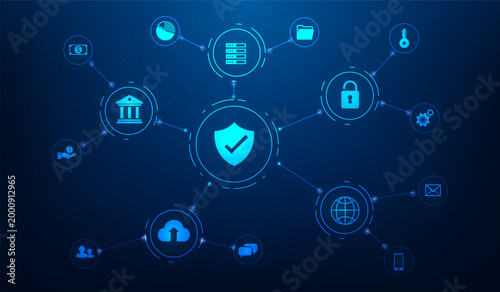 cyber security protection internet online data digital technology with icon on blue background. business global privacy protect cloud storage. vector illustration fantastic technology.