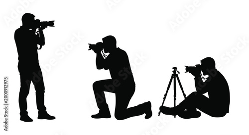 Photographer silhouettes in various poses black and white silhouette high quality