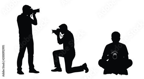 Photographer silhouettes in various poses black and white silhouette high quality