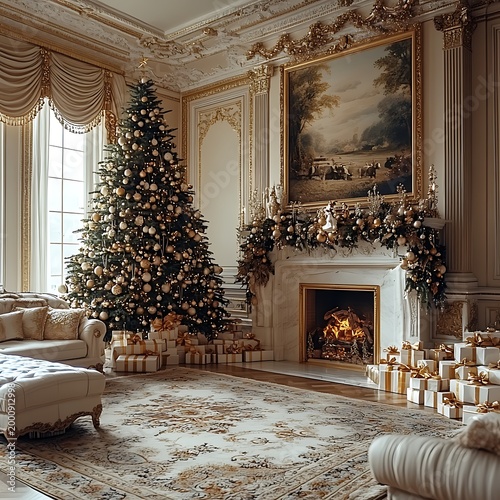 Living room with grand christmas tree, marble fireplace, and ornate decor