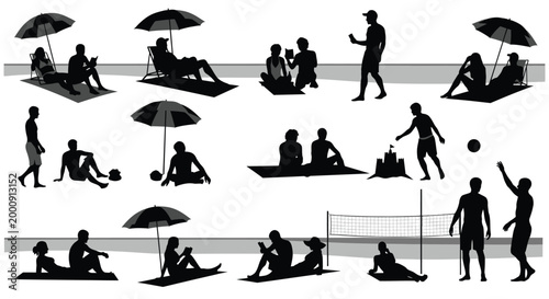 Beach scene with people and umbrellas black silhouette high quality professional