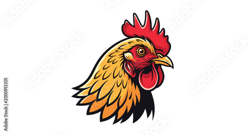 Dynamic vector illustration of a rooster's head, showcasing its vibrant red comb and wattles, detailed feathers, and strong, confident expression.