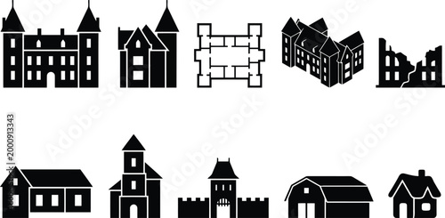 Medieval castle and historic building icons set, 10 black silhouette architecture vectors, ancient fortress and manor house symbols for maps