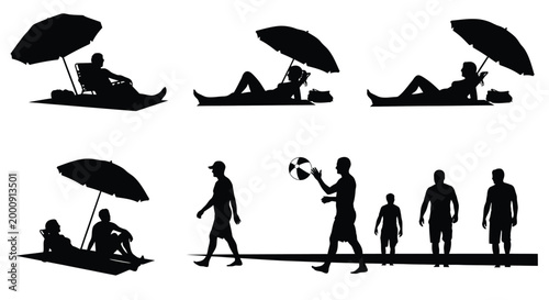 Beach scene with people and umbrellas black silhouette high quality professional
