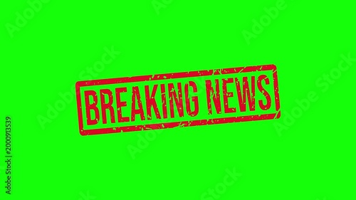 Breaking News Red Rubber Stamp Animation with Grunge Texture on White and Green Screen Background for News Report and Urgent Announcement.