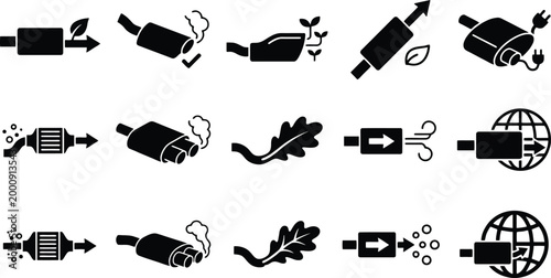 Car exhaust system icons, automotive emission control symbols, catalytic converter and muffler vector set, eco friendly vehicle filtration graphics