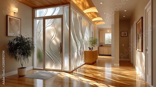 Living room with large windows, hardwood floors, and neutral decor