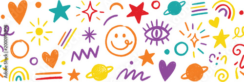 Colorful doodle shapes and symbols on white background for kids design Colorful