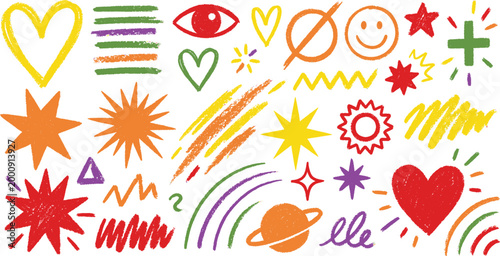 Colorful childlike doodles on white background with various shapes and symbols Colorful