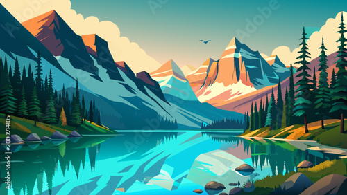  A turquoise crystal clear lake surrounded by snow-capped mountains and pine trees, reflection in the water, golden hour lighting, cinematic landscape photography.