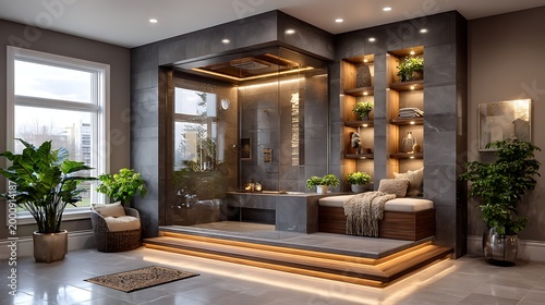 Living room with marble fireplace, gold accents, and large windows