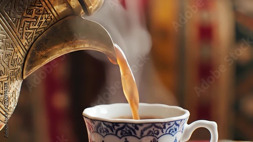 Traditional Arabic Coffee Pouring into a Decorative Cup.