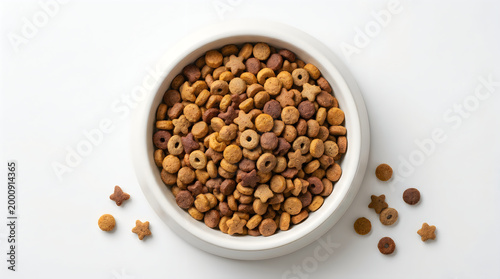 Assorted roasted nuts in a white bowl with scattered pieces
