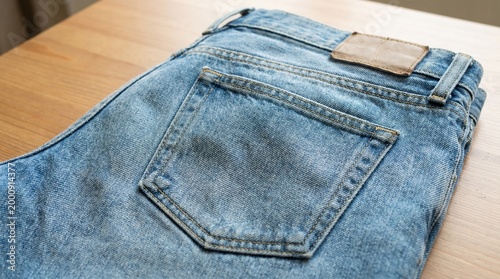 Light blue denim jeans featuring a classic back pocket and a worn leather label lying flat on a smooth wooden table surface for fashion apparel retail