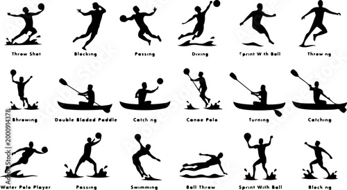 Schilderij op canvas Water Polo Player Kayaking Canoeing Swimming Sports Action Silhouette Vector Set