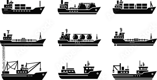 Professional Cargo Ship Icon Set Featuring Container Vessels, Oil Tankers, Gas Carriers, and Industrial Freight Ships for Maritime Logistics and Global Shipping Industry Designs