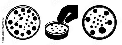 Petri dish set with solid black icon on white background featuring cell culture, biological sample, laboratory equipment with science and biology