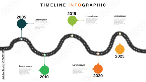 Business road map timeline infographic. Modern timeline infographic with curved road path and milestone 5 points. Vector illustration.