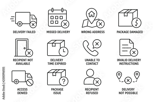 Set of delivery failure reason icons with crossed symbols