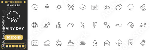 Rainy Season Icon Set – Rain, Weather, Umbrella and Monsoon Symbols