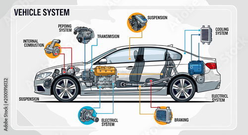 Quadro su tela Detailed cutaway diagram illustrating various internal systems and components of a modern vehicle, including engine, transmission, suspension, cooling, electric, and braking systems