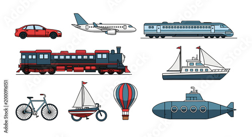 A diverse collection of various modes of transportation, including land, air, and sea vehicles, depicted as colorful illustrations.