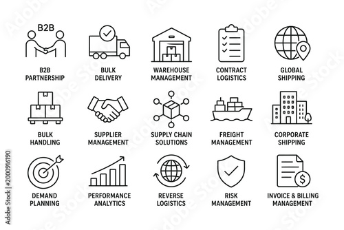Set of sixteen logistics and supply chain management icons