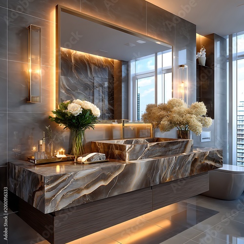 Living room with white sectional sofa, floral arrangements, and large windows