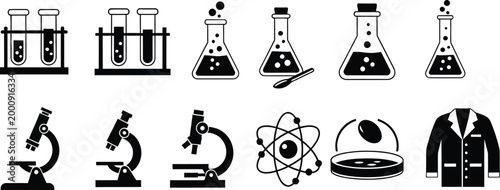 Scientific equipment and symbols a black and white illustration