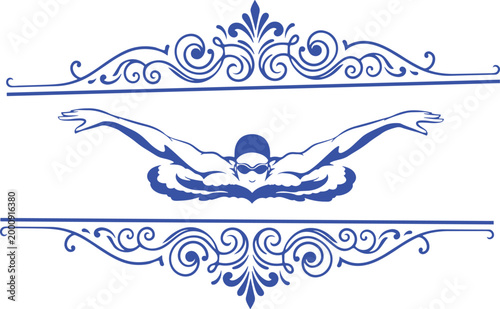 Blue swimming man icon with ornate design elements.