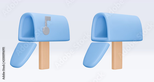 Realistic render, set blue mailboxes isolated on white background. 3D set icons for messengers, mail applications. Vector illustration for shop, flyer, banner, web, advertising, sale