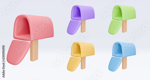 Realistic render, colored mailboxes isolated on white background. 3D set icons for messengers, mail applications. Vector illustration for shop, flyer, banner, web, advertising, sale