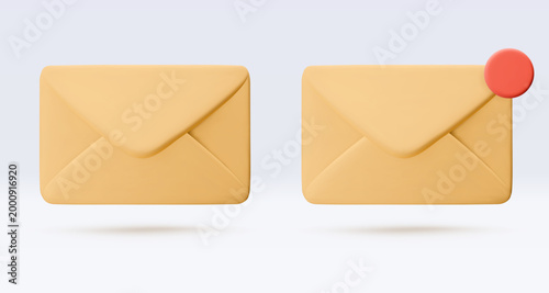 Vector 3d render envelope icon  with notification isolated on white. Message, mail, newsletter subscriptions, business documents, email services. Cute illustration for banner, web, social media, app
