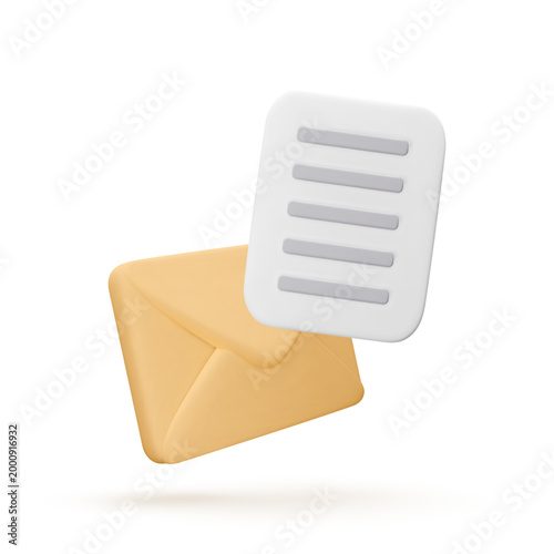 Vector 3d render envelope icon  with document isolated on white. Message, mail, newsletter subscriptions, business docs, email services. Cute illustration for banner, web, social media, app