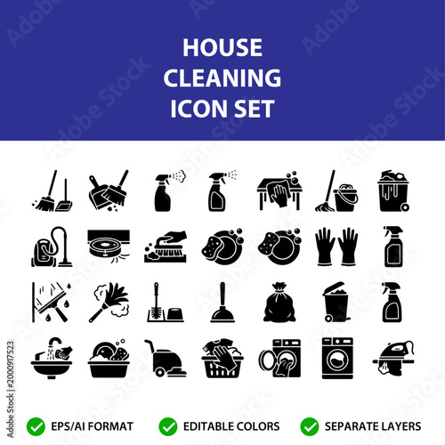 Set of house cleaning icon set, broom, dustpan, spray bottle, sponge, gloves, trash can, washing machine.