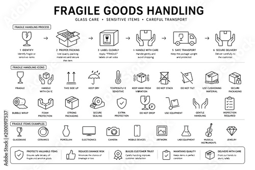Fragile goods handling and packaging infographic icons set
