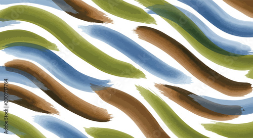 Abstract watercolor brush strokes in a flowing pattern of green, blue, and brown on a white background, perfect for graphic design