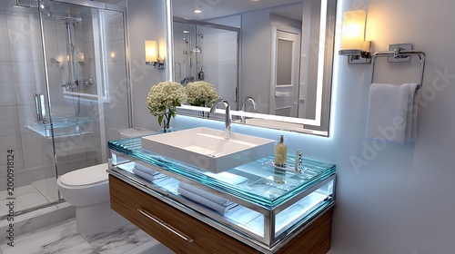 Luxury bathroom with marble countertop, double sinks, and blue led lighting