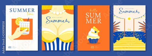 Set of summer Italian posters or covers with lemonade, lemons, woman in swimsuit, cocktail, cupcake and beach landscape. Vector illustration