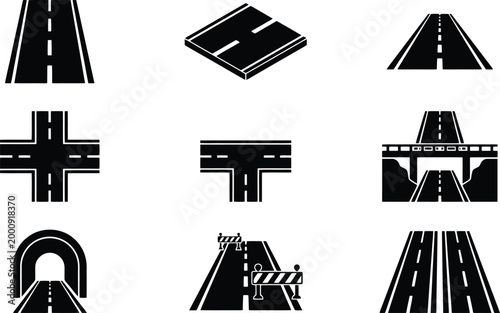 Sammlung von Straßen- und Wege-Symbolen, die verschiedene Perspektiven und Kreuzungen darstellen, einschließlich Brücken und Baustellen.