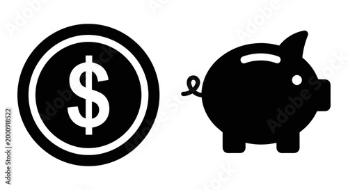 Black and white piggy bank and dollar sign icon illustration Vector, illustration