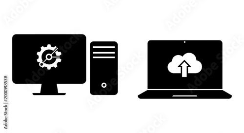 Modern devices showcasing cloud computing, desktop, and server integration. Vector, illustration