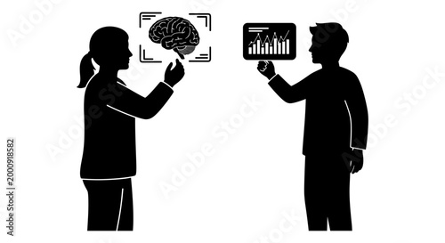 Two individuals sharing information about brain and statistics on digital devices. Vector, illustration