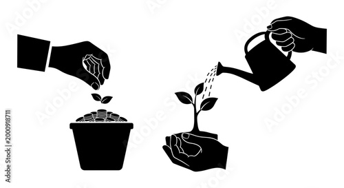 Two hands collaboratively planting and nurturing a growing seedling in pots. Vector, illustration
