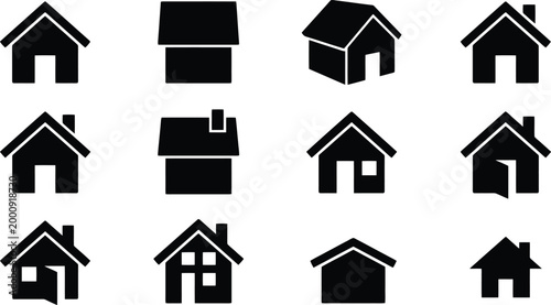 Eine Sammlung von zwölf schwarzen Haus-Silhouetten-Symbolen, die verschiedene Arten von Häusern und Wohngebäuden darstellen.