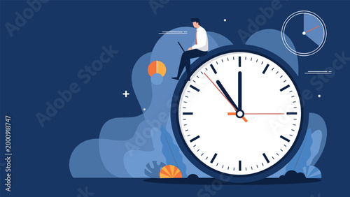 Man works on a laptop while sitting on top of a giant analog clock against a dark blue background representing deadline management.