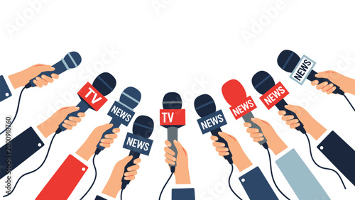 Group of journalists hold out microphones with news and TV labels during a press conference to capture statements from a speaker.