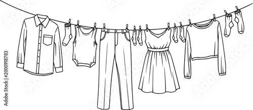 clean clothes drying on a clothesline outside vector isolated

